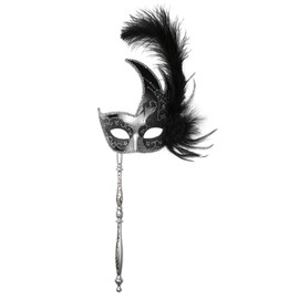 ILOVEMASKS Silver Black Fancy Side Feather Women's Party Masquerade with Stick Venetian Mardi Gras Prom Ball Masquerade Costume Handheld Stick Mask Masquerade on Stick Half Face Women's Carnival Mask