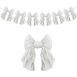 1 String of 6 White Bows Garland Banner Decoration, Adjustable Pre-Strung Ornaments for Birthday, Bachelorette Party, Bridal Shower, Wedding, Engagement, Baby Shower, Graduation Decor, Anniversary