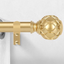 HTZON Gold Curtain Rods for Windows:Farmhouse Boho Decorative Curtain Rod for Bedroom Living Room,Heavy Duty Adjustable Rustic Drapery Rods Set with Vintage Coastal Texture Finials,Brass Gold 18-45"