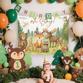 Woodland Baby Shower Birthday Backdrop Banner Oh Boy Birthday Banner Woodland Animals Photography Background Woodland Forest Animals Mountain Wilderness Party Supplies Decorations 5×3ft
