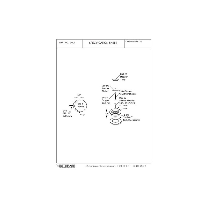 Westbrass Standard Trim for Cable Drive Bath Waste, Stainless Steel,