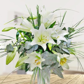 Lily Bouquet - Bouquet with Lilies and Eucalyptus - Includes Greeting Card # White Lilies