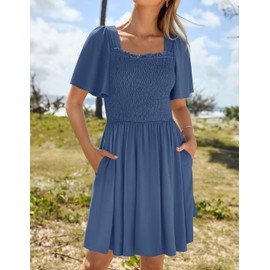 ZESICA Women's 2025 Summer Casual Mini Dress Flutter Short Sleeve Square Neck Smocked Tiered Ruffle Flowy Dresses,Dusty Blue,Small