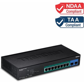 TRENDnet 10-Port Gigabit Web Smart Switch, 20 Gbps Switching Capacity, 8 x RJ-45 Ports, 2 x SFP, Slots, VLAN, QoS, LACP, IPv6 Support, Fanless, Rack Mountable, Lifetime Protection, TEG-082WS Black