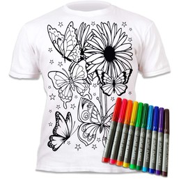 Splat Planet Butterflies T-Shirt with 10 Non-Toxic Washable Magic Markers - Color in and Wash Out and Color in Again T-Shirt (12-13 Years) White
