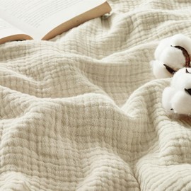BEDSURE Muslin Blanket - 100% Cotton Blanket, Summer Blanket, Throw Blankets for Couch, Soft and Lightweight Cuddly Blanket, Sofa Blanket & Blanket, Bedspread, Beige, 130 x 150 cm