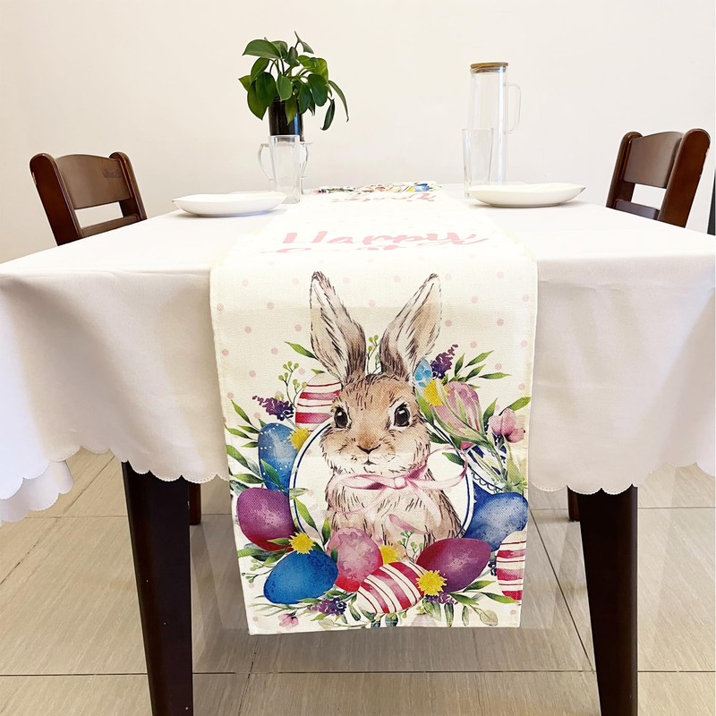SEAHUI Happy Easter Rabbit Table Runner Easter Egg Wreath Table