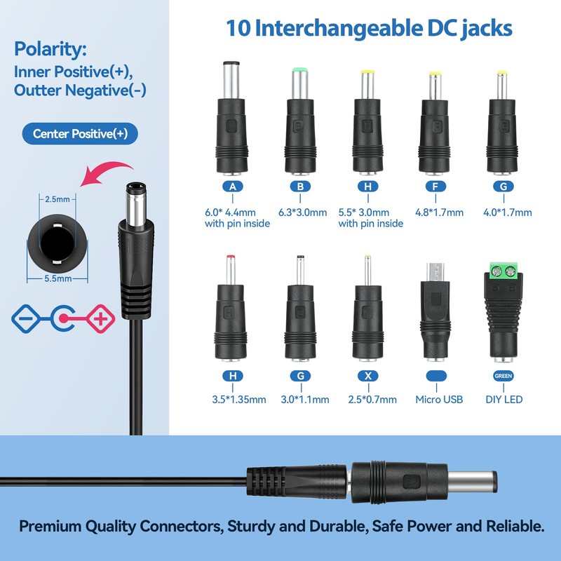 12V 3A Power Supply Charger with 10 Interchangeable DC Plugs