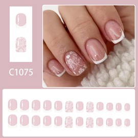 Maple Press on Nails Short Square Fake Nails with White French Tip Design Glossy Glitter Glue on Nails Full Cover Autumn Leaf Stick on Nail Reusable Fall Nail for Women Girls Manicure 24Pcs