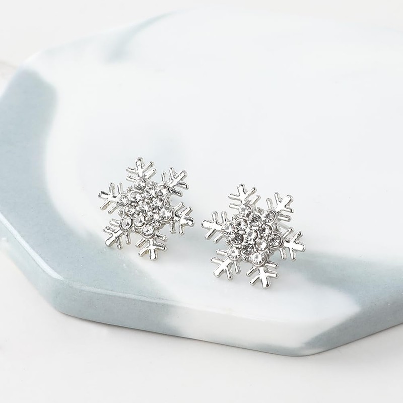 Snowflake Earrings - Christmas Flower Shaped Crystal Stud Pierced Earrings