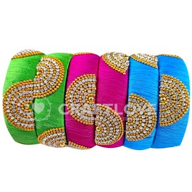 GOELX Festive Offer: Designer Handcrafted Ethnic Half Moon Silk Thread 6 Kada Bangles Combo for Women in Turquoise Blue, Pink & Green - 2.4