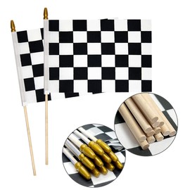 2 Pcs Small Checkered Flags Black and White Racing Flag 8x12 Inch Handheld Racing Flags Upgraded High-density Flag with Wooden Stick, Kid Safe Spear Top Design, Children's Party Decorations