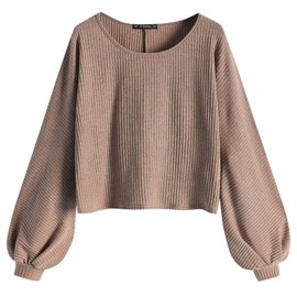 ZAFUL Women Ribbed Knit Long Sleeve Tops Shirts Lantern Sleeve Oversized Pullover Crop Sweater