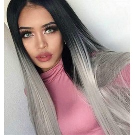 Black Grey Wigs for Women Long Natural Color 1b Black Roots Ombre Gray Synthetic Lace Front Wig Party Holiday Daily Wear