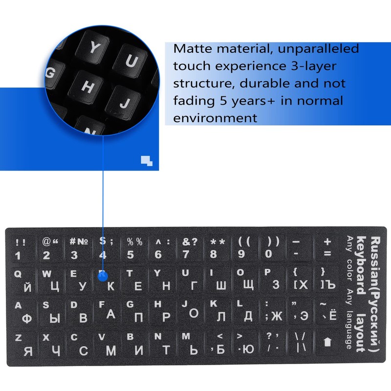 2 Pack Universal Russian Keyboard Stickers Black Background with, White