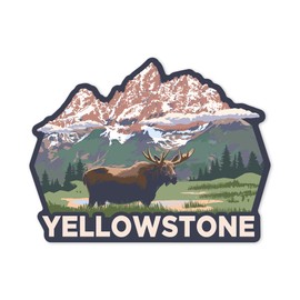 Lantern Press Sticker Yellowstone National Park, Wyoming, Moose and Mountains, Die Cut Vinyl, (Waterproof Decal for Cars, Water Bottles, Laptops, Coolers), Small