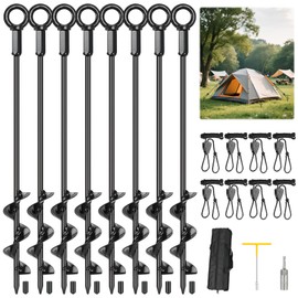 hannger 8 Pack 18" Ground Anchors Screw in, Tent Stakes Anchors with T-Handle Hex Wrench & Toolkit & Drill, Heavy Duty Earth Anchors for Tent, Canopy, Trampoline