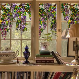 ChicSkin Original Hand Drawn Wisteria Stained Glass Window Border Film, Transparent Static Cling for Glass Window Decor, Watercolor Hanging Plants Purple Wisteria Window Sticker 16.93"X67.72"