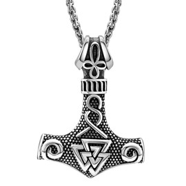 Hoyazvet Valknut Amulet Norse Viking Thor's Hammer Pendant Necklace for Men, Stainless Steel Mens Nordic Mjolnir Necklace VikingJewelry