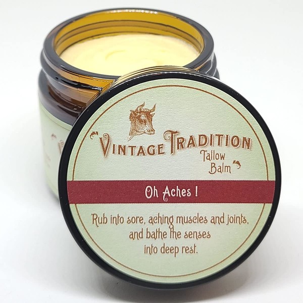 Vintage Tradition Oh Aches! Tallow Balm Supports Joint and Muscle Health – Beef Tallow Grass Fed Balm with Wintergreen, Peppermint, and Lime Essential Oil Blend, 2 Fl. Oz.