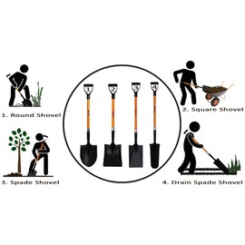 Ashman 4 Various Assorted Shovels (4 Pcs) 41 Inches Long D Handle Grip Multi-purpose (Round, Square, Drain Spade, Spade) Premium Quality Multipurpose Assorted Shovels with Strong Build