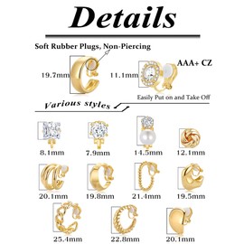 13 Pairs Clip on Earrings for Women Chunky Non Pierced Hoop Earrings CZ Pearl Knot Croissant Tube Twist Stud Hoop Clip on Earring Set Fake Earrings Clips Jewelry 14K Gold Silver Plated