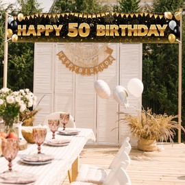 Large Black Gold Happy 50th Birthday Backdrop Banner Glitter Black Gold Theme Garden Yard Outdoor Indoor Decor for Men Women Boys Girls Celebration Birthday Party Decorations Supplies 118x20in-BECKTEN