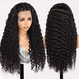 13x6 Deep Wave Lace Front Wigs Human Hair 32 Inch 200 Density HD Transparent Lace Front Wigs for Women 12A Deep Curly Wigs Human Hair Pre Plucked with Baby Hair Natural Black