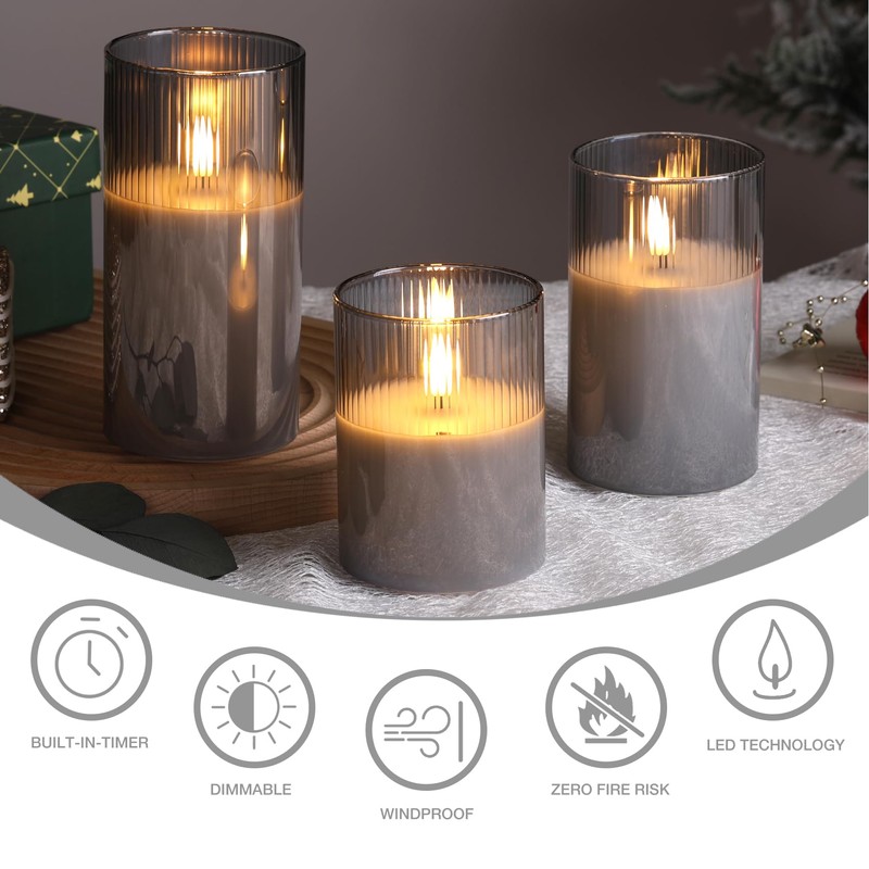 Eywamage Smoke Grey Glass Flameless Candles with Remote, Ribbed LED