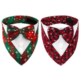 Cyeollo 2 Pack Christmas Dog Tuxedo Bandana & Outfit - Red Plaid with Bow Tie for Small Dogs