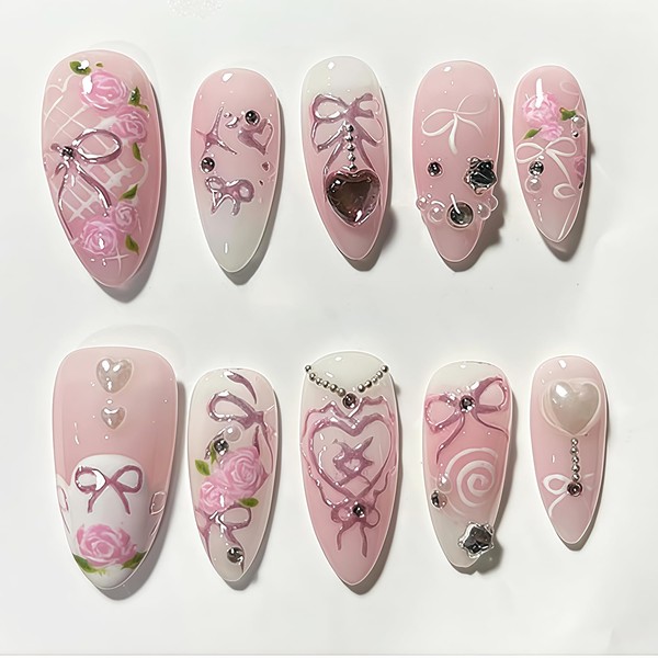 Almond Press on Nails Medium Fake Nails with Rose 3D