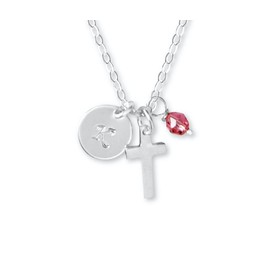 God Daughter Gift, Cross Initial Birthstone Necklace, Sterling Silver Baptism - Confirmation - First Communion Gift