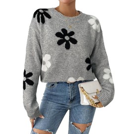 Libsorge Womens Oversized Cute Flower Sweaters for Women Fall Winter Spring 2025 Trendy Outfits Vintage Y2K Floral Knit Lightweight Crewneck Long Sleeve Holiday Pullover Tunic Tops Heather Gray M