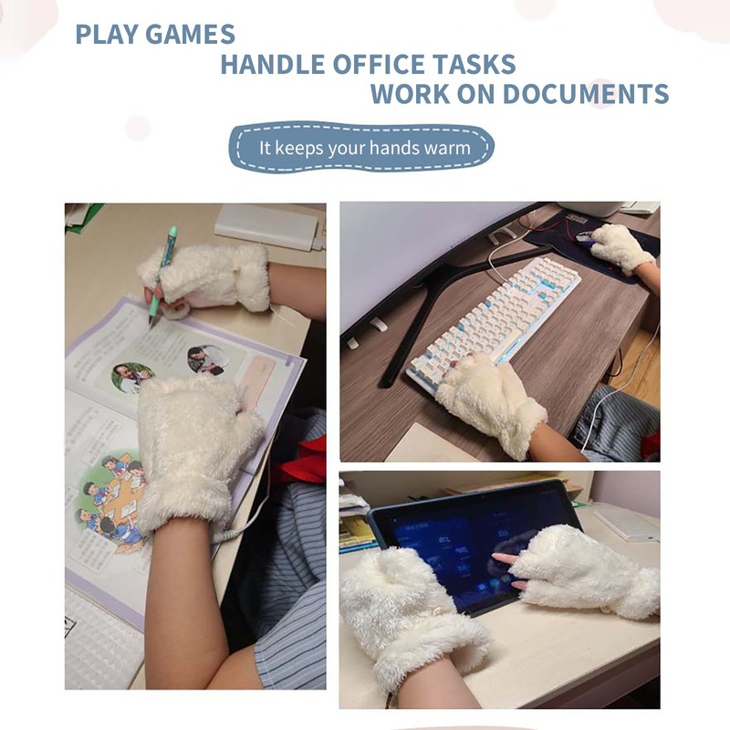 Half-Finger Fleece-Lined Heated Gloves for Typing & Writing, Plush Cat