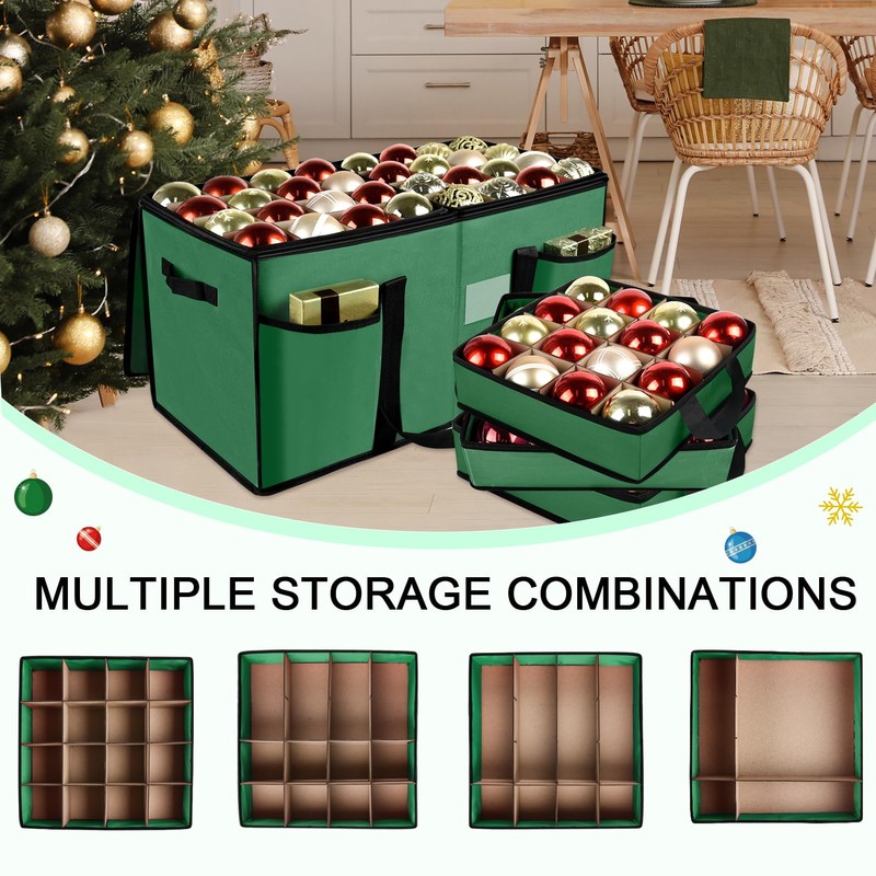 Christmas Ornament Storage Box with Dividers, Holds 128 Balls, Green