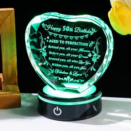 YWHL 50th Birthday Gifts for Women Men Born in 1973, Laser Crystal Heart with Colorful Light Base Happy 50th Birthday Decorations, 50 Year Old Gifts Ideas for Her Him Mom Sister Wife Friends