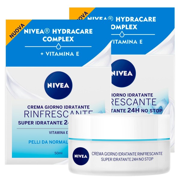 Nivea Refreshing Day Cream Super Moisturising 24 Hour Vegan Gentle Formula with HydraCare Complex and Vitamin E Fast Absorbing for Normal to Mixed Skin 2 Glasses of 50 ml