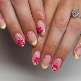 Quezadyl French Press on Nails, 24PCS Short Oval Multicolor Hibiscus Flower Pattern Summer Glue on Nails, Yellow French Tip Acrylic Nails, Reusable Stick on Nails for Women