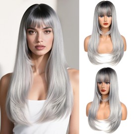 YUCCAHA Ombre Grey Synthetic layered Wig with Bangs for Women Wear and Go glueless Wig 26 Inch Middle Part Long Straight Colorful Costume Wigs Heat-Resistant Fiber for Daily Party Use