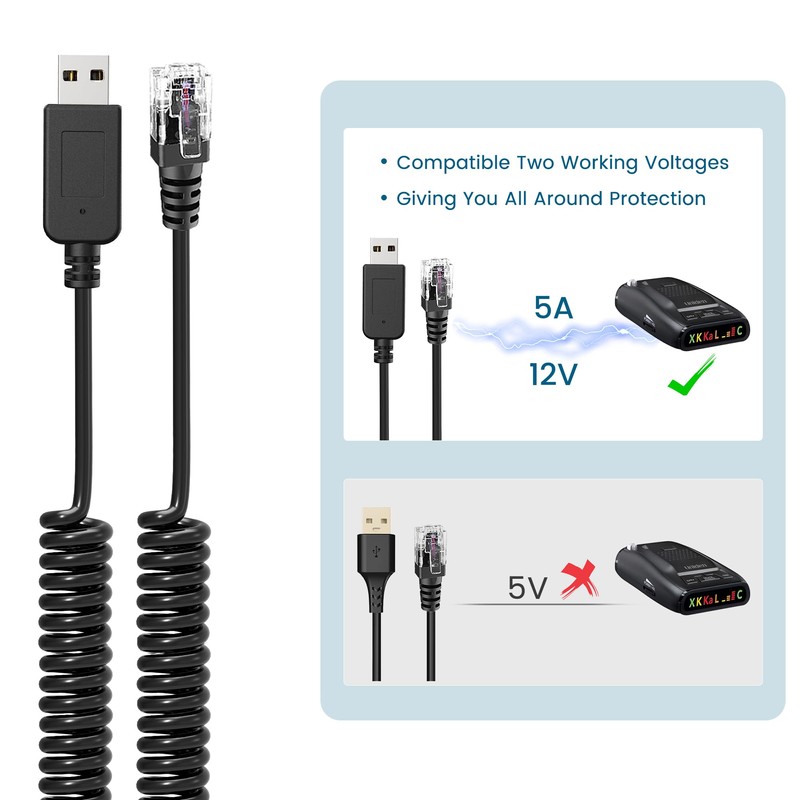 Radar Detector Cable, USB 2.0 to RJ11 Plug Cable 5V-12V