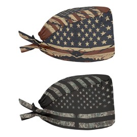 Babrukda 2 Pack Skull Hats for Women Men Scrub Cap with Sweatband Adjustable Tie Back Hats Head Hair Cover Coat American Flag Beanie with Knot Headgear for Outdoor Indoor