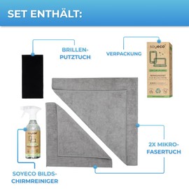 soyeco 500ml Bildschirmreinigungsspray + 3X Mikrofasertuch: 40x40cm, 30x30cm, | Reinigungsflüssigkeit | Für Smartphone, Laptop, Tablet, TV, LCD/TFT, LED, OLED, Monitore, Uhren | Kein Verschmieren