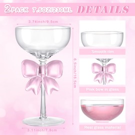 Funnymoom 2 Pack Bow Wine Glasses Pink Bow Clear Cocktail Glasses 6.8 oz Delicate and Elegant Pink Coupe Decorative Coquettish Container for Weddings Birthdays High-end Crystals