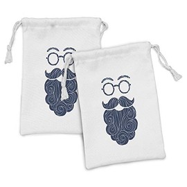 Ambesonne Manly Fabric Pouch Set of 2, Hand Drawn Sketch of Hipster Style Long Beard Mustache with Round Glasses, Small Drawstring Bag for Toiletries Masks and Favors, 9" x 6", Dark Petrol Blue White