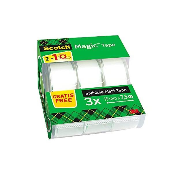 Scotch Magic Invisible Tape - 3 Hand Held Dispensers 19mm x 7.5m - General Purpose Sticky Tape for Document Repair, Labelling & Sealing