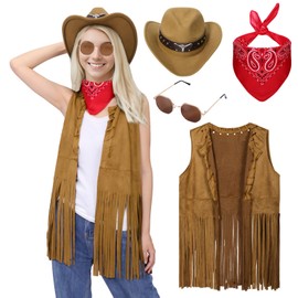 Raveparty Cowgirl Outfits for Women, Cowgirl Costume, Cow Girl Outfit Women with Jacket Hat Sunglasses Square Scarf Western Clothing for Womens (Brown-2, S)