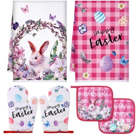 Bencailor 6 Pcs Easter Bunny Eggs Flowers Kitchen Towel Pot Holder Oven Mitt Set 2 Floral Dish Towel 2 Heat Resistant Cooking Glove 2 Pan Plate Bowl Pads for Spring Holiday (Pink White,Buffalo Plaid)