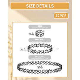 LEEQBCR Pack of 12 Choker Necklace Sets, Bracelet, Rings, Elastic Tattoo Necklace, Black Choker Chain, Women's 90s Outfit, Women, Punk Gothic Tattoo Chain, 90s Accessories for Girls, Metal