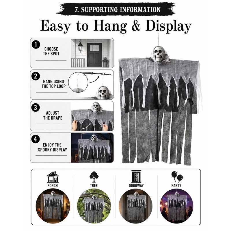 Hanging Skeleton Ghost for Halloween Decor – Gauze Skull Prop