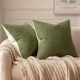 ANRODUO Set of 2 Cozy Boucle Pillow Covers Decorative Rich Textured Throw Pillow Covers 18x18 Inch Square Soft Accent Double-Sided Couch Cushion Case for Sofa Bed Living Room Spring Decor Olive Green